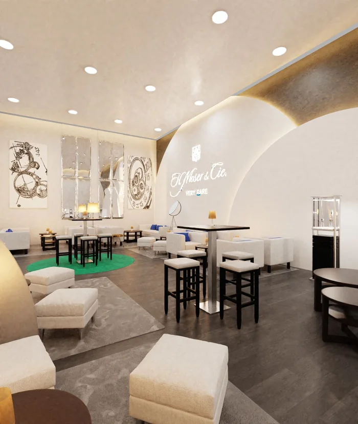 Vitrines et assises du lounge