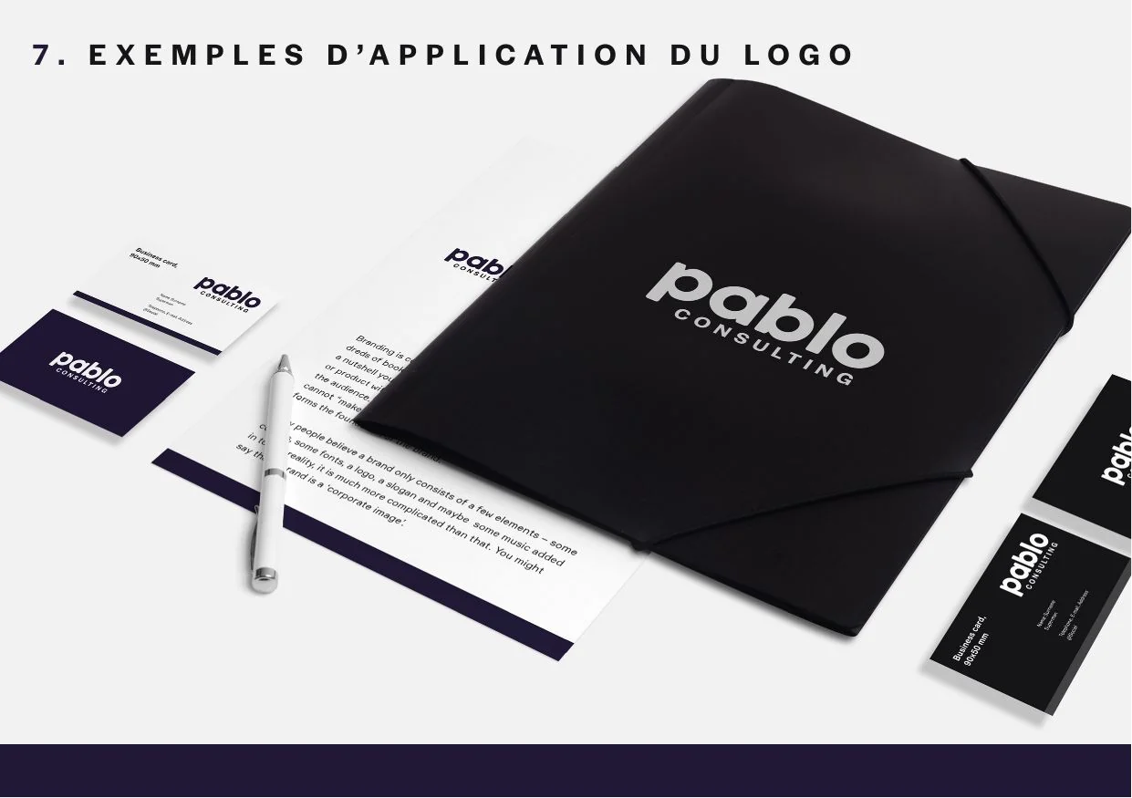 Applications du logo Pablo Consulting sur des supports imprimés