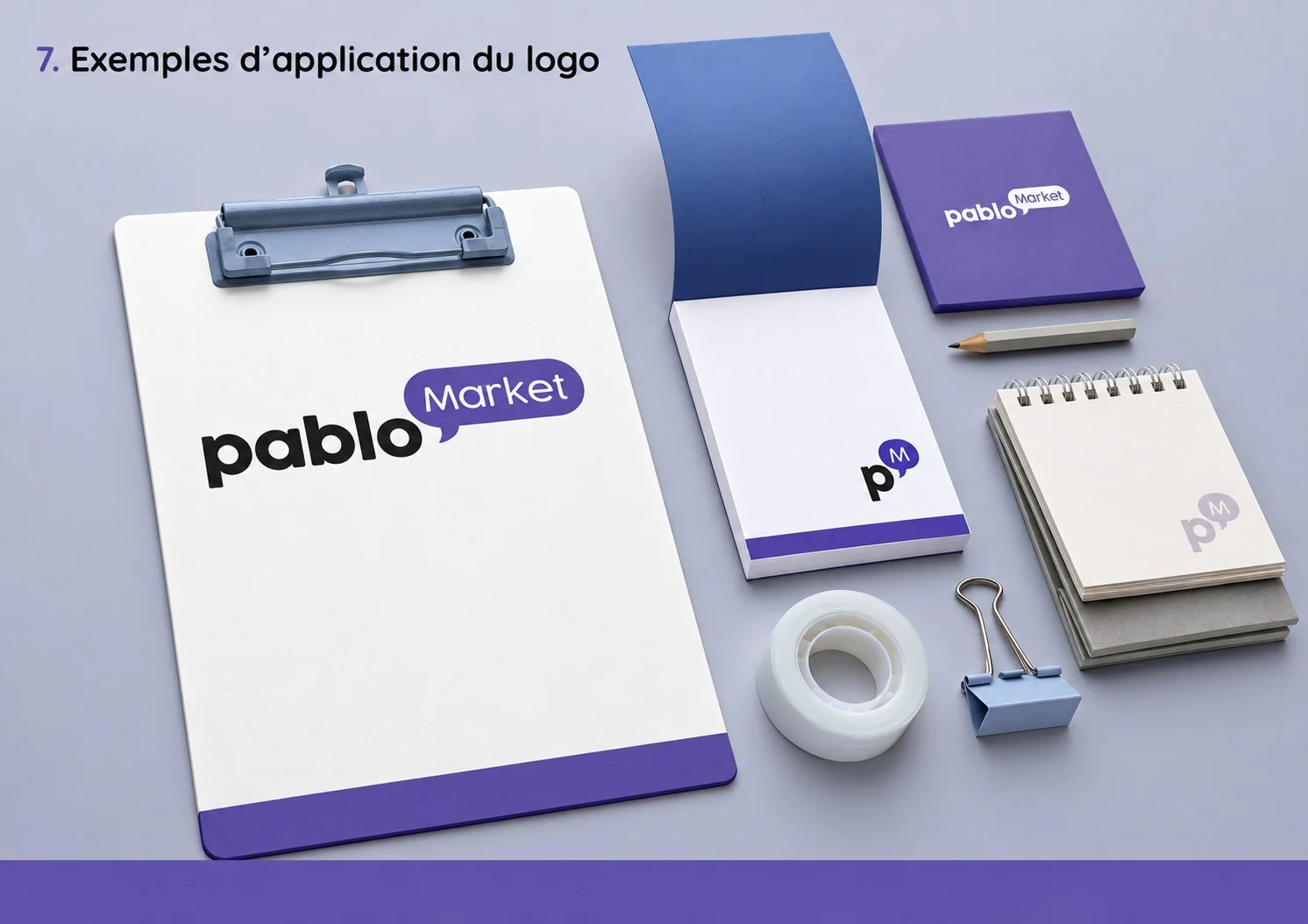 Applications de l'identité Pablo Market sur de la papeterie