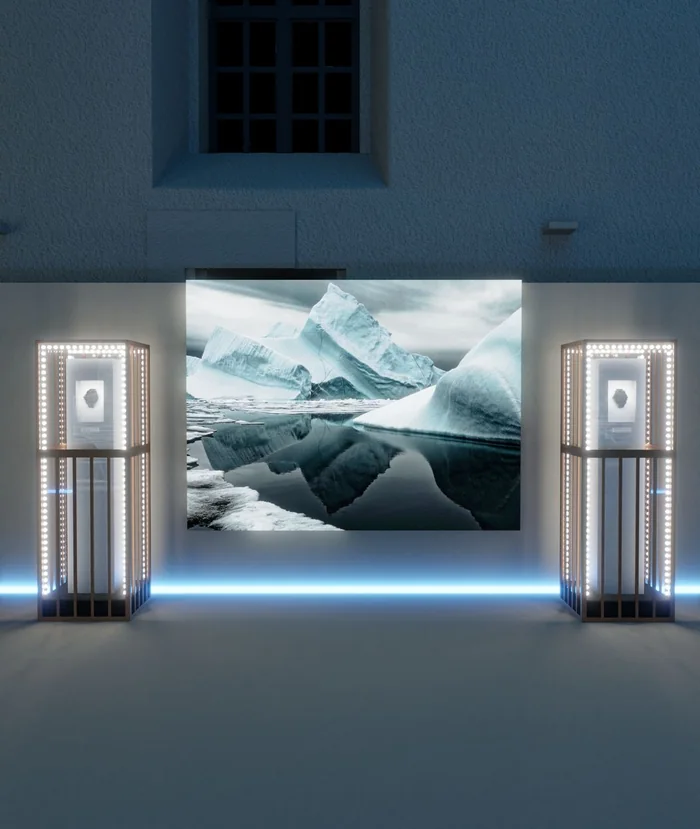 Mur d'exposition et vitrines lumineuses